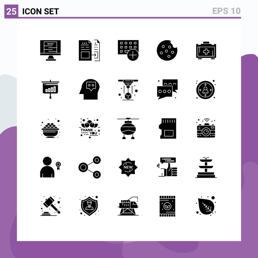 25 Universal Solid Glyphs Set for Web and Mobile Applications health bag food invoice cookie gadget Editable Vector Design Elements