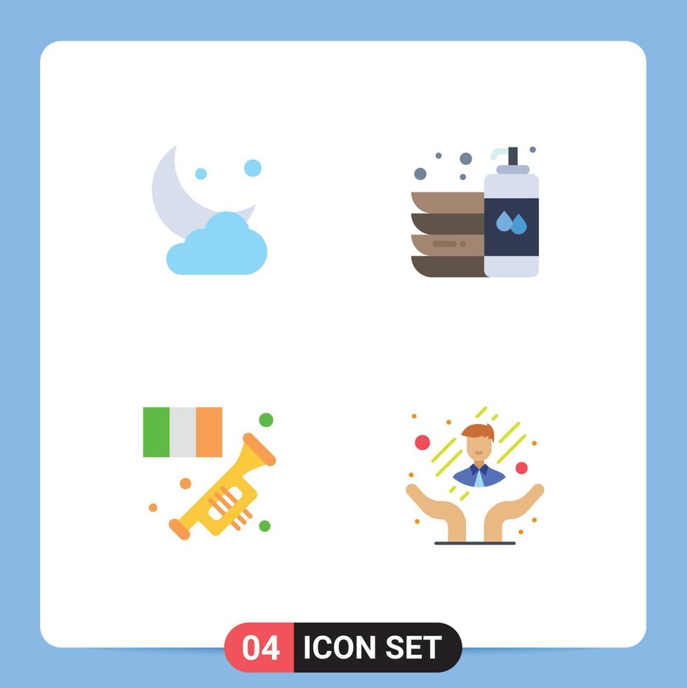 conjunto moderno de 4 iconos planos y símbolos como elementos de diseño de vectores editables de cuerno limpio de nube de lavado de luna