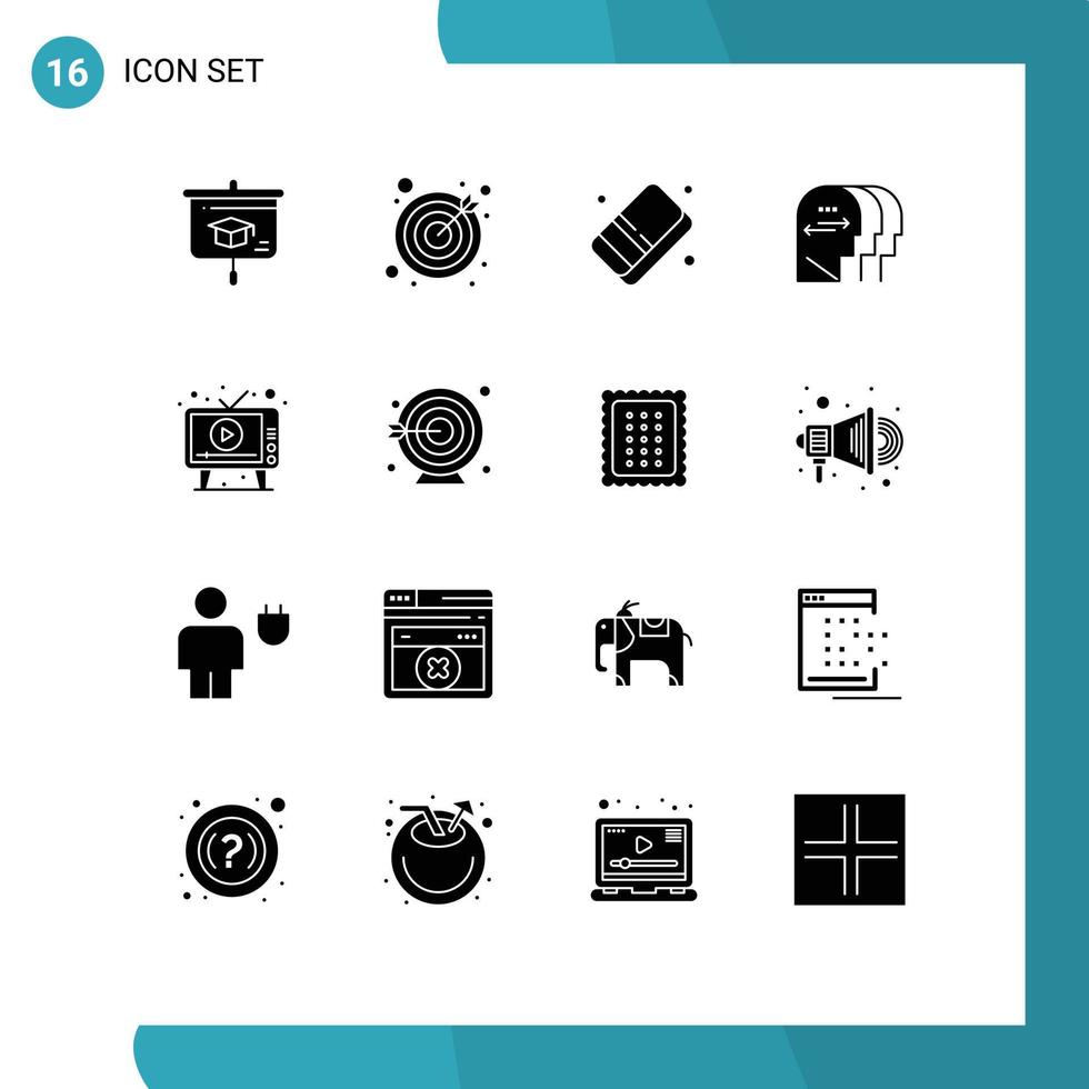 conjunto moderno de 16 glifos y símbolos sólidos, como elementos de diseño de vectores editables de personajes de cabeza de artes publicitarias de medios