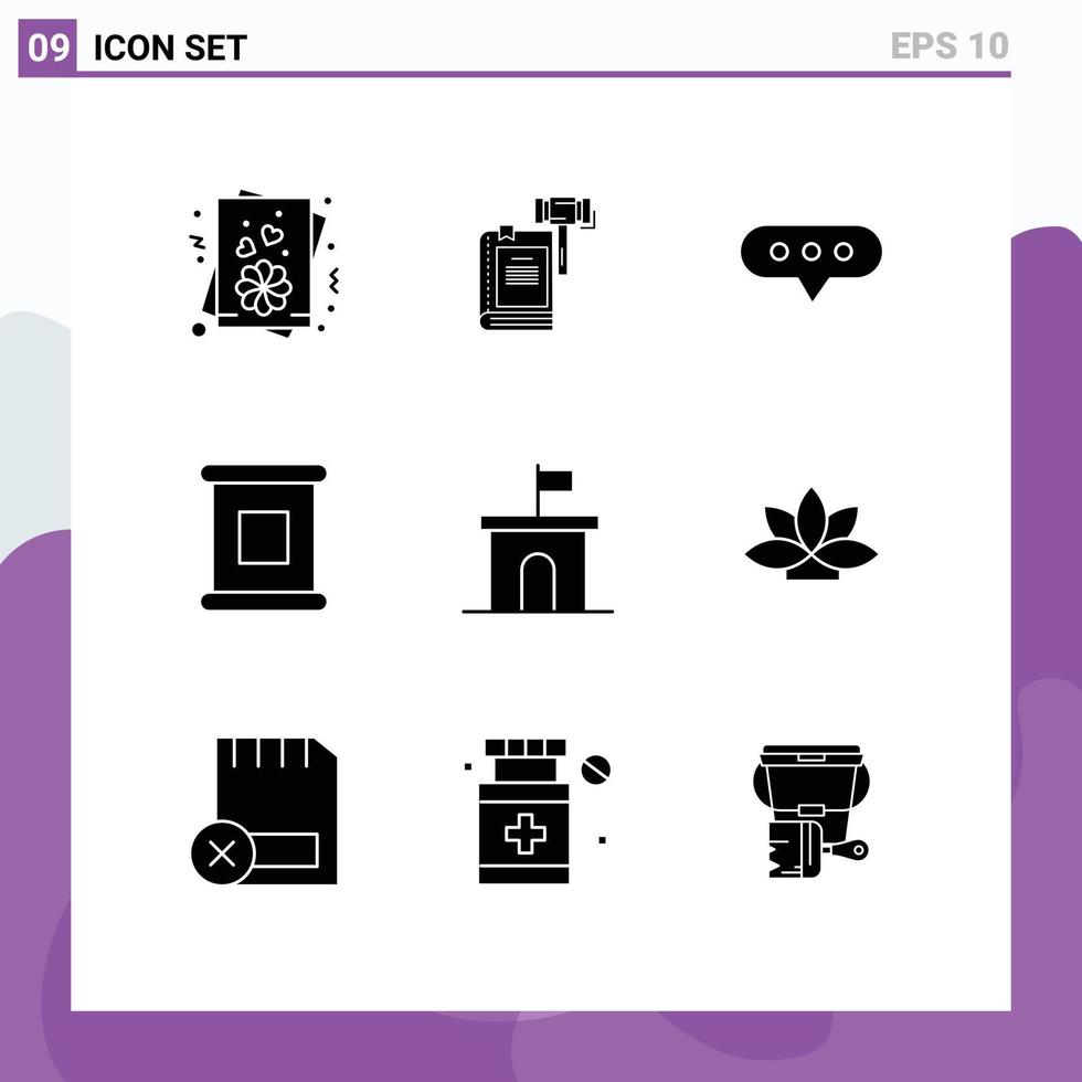 Set of 9 Commercial Solid Glyphs pack for estate preserves hammer food comment Editable Vector Design Elements