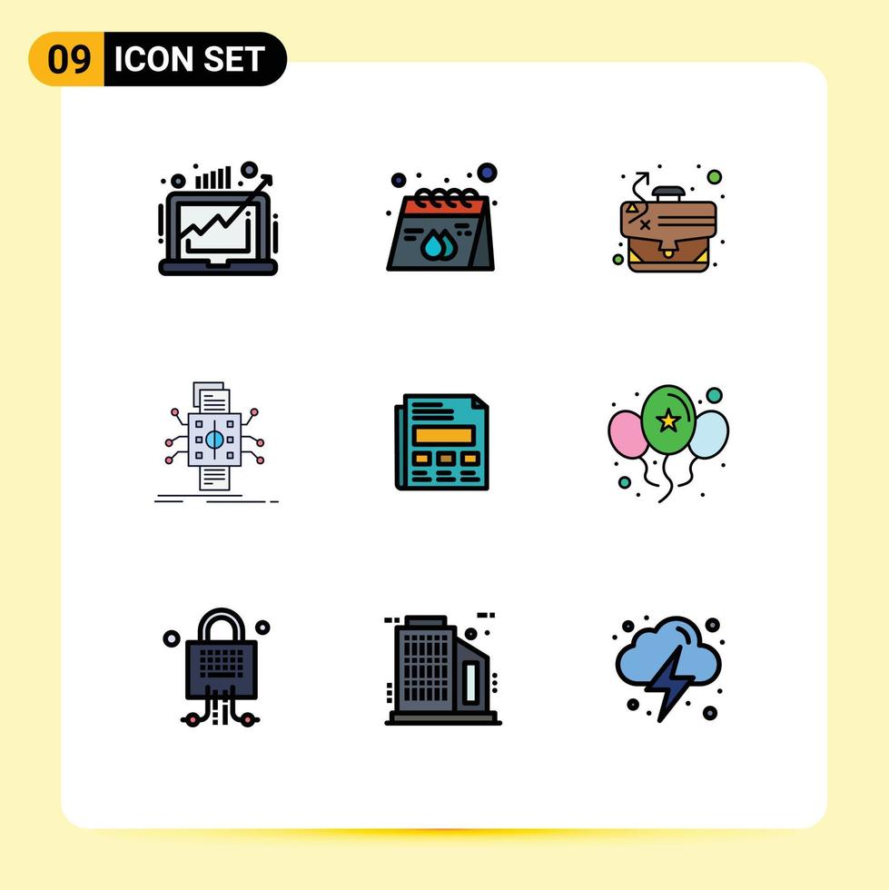 grupo de 9 colores planos de línea de relleno modernos establecidos para procesar tácticas de análisis de impresión de datos elementos de diseño de vectores editables