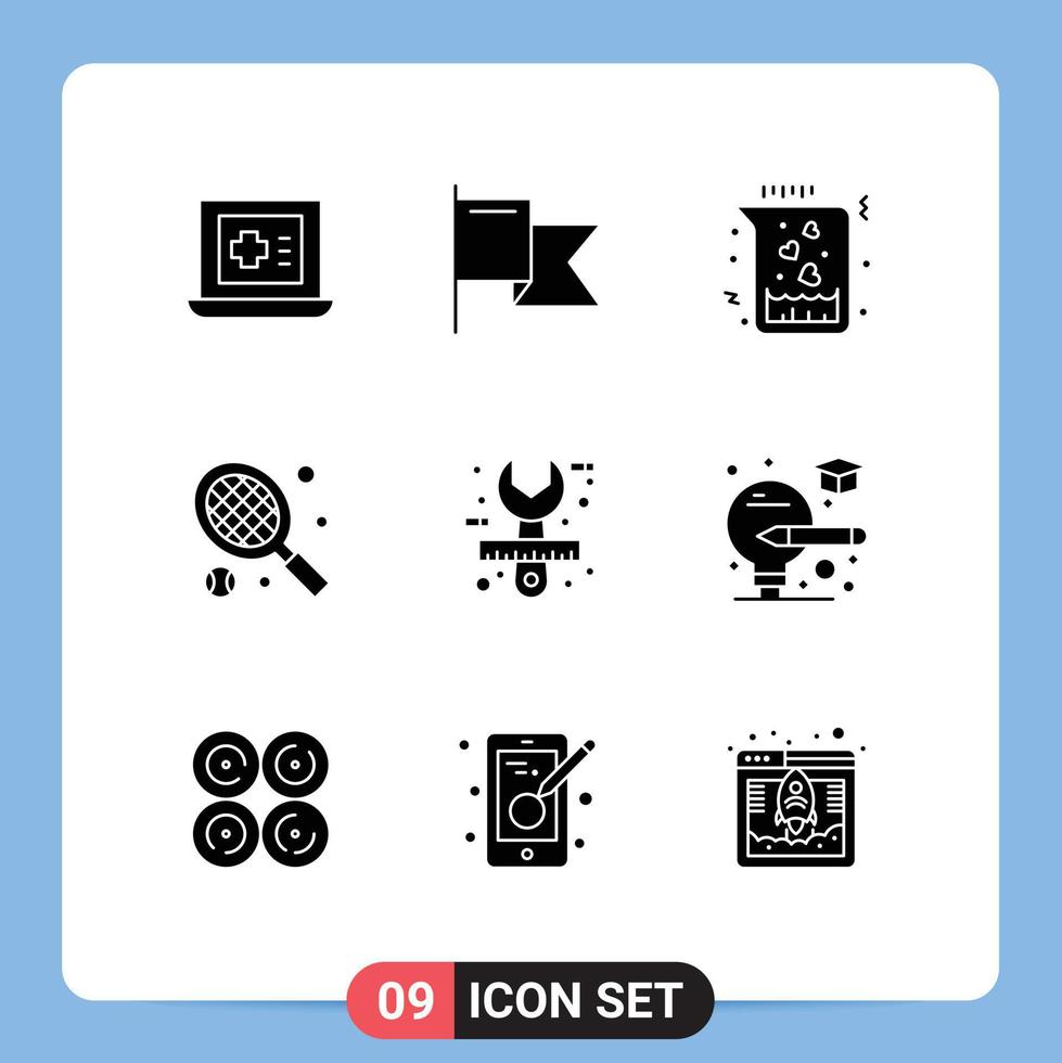 9 Universal Solid Glyphs Set for Web and Mobile Applications tool design heart creative tennis Editable Vector Design Elements