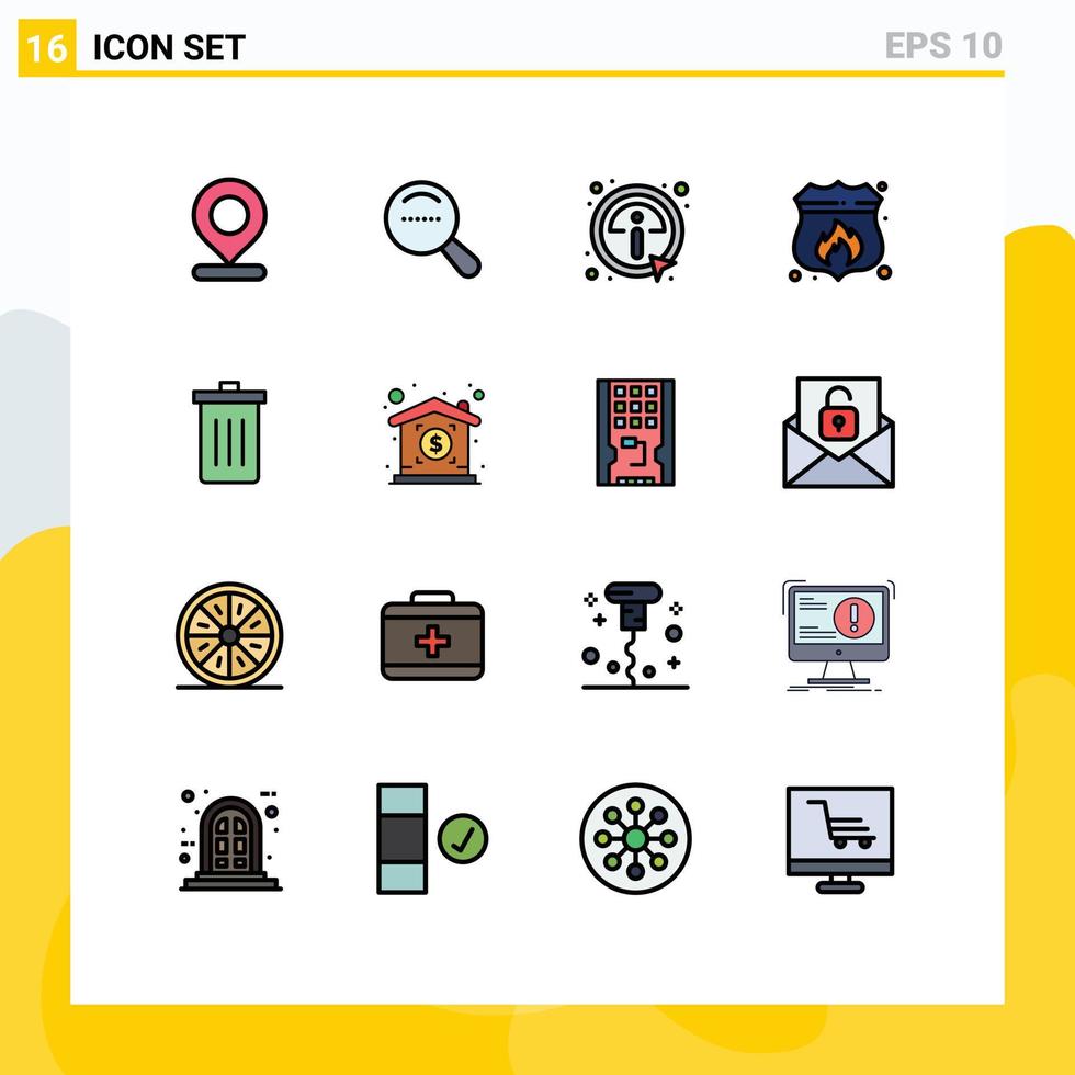 16 User Interface Flat Color Filled Line Pack of modern Signs and Symbols of delete basket details fire protection Editable Creative Vector Design Elements