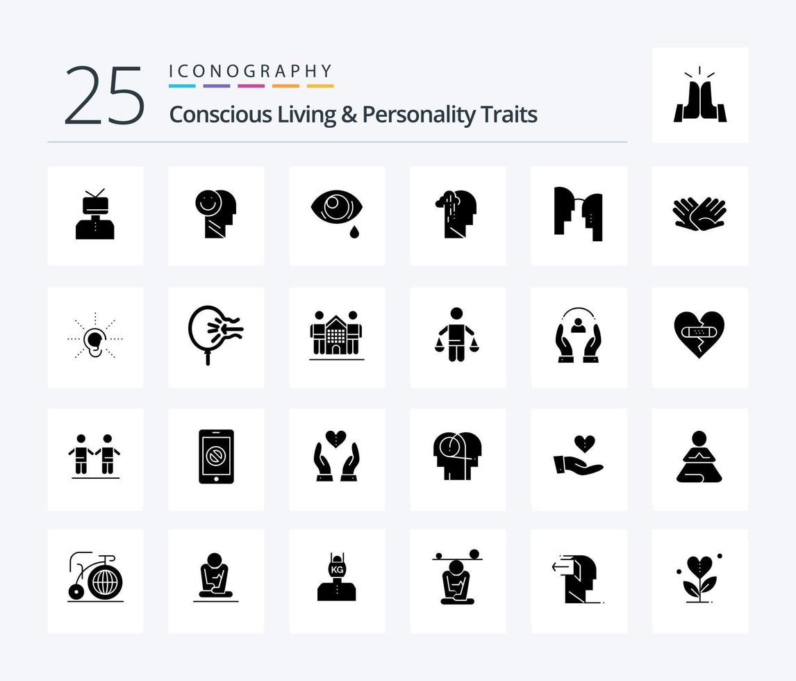 Concious Living And Personality Traits 25 Solid Glyph icon pack including melancholy. grief. life. depression. eye vector