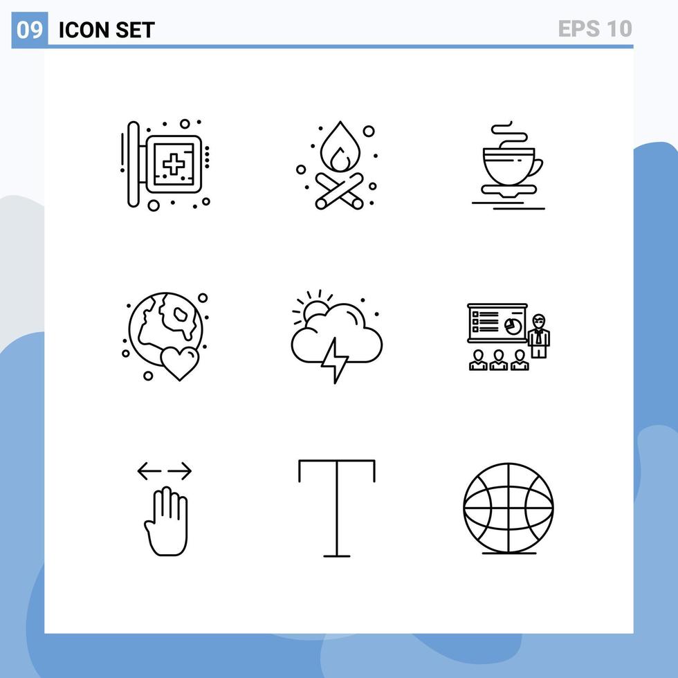 Set of 9 Vector Outlines on Grid for storm love tea world earth Editable Vector Design Elements