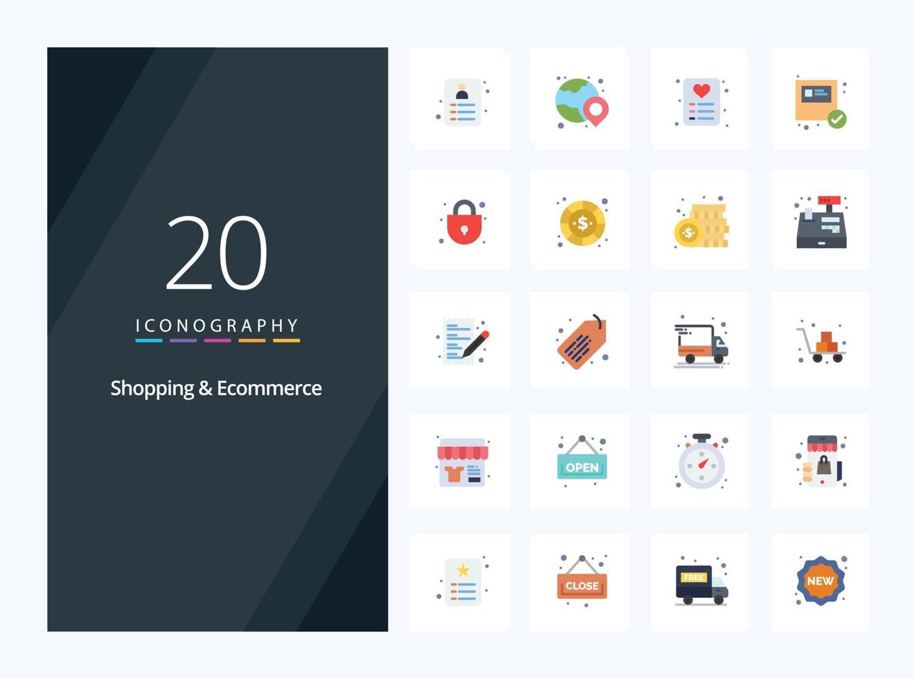 20 icono de color plano de comercio electrónico de compras para presentación vector