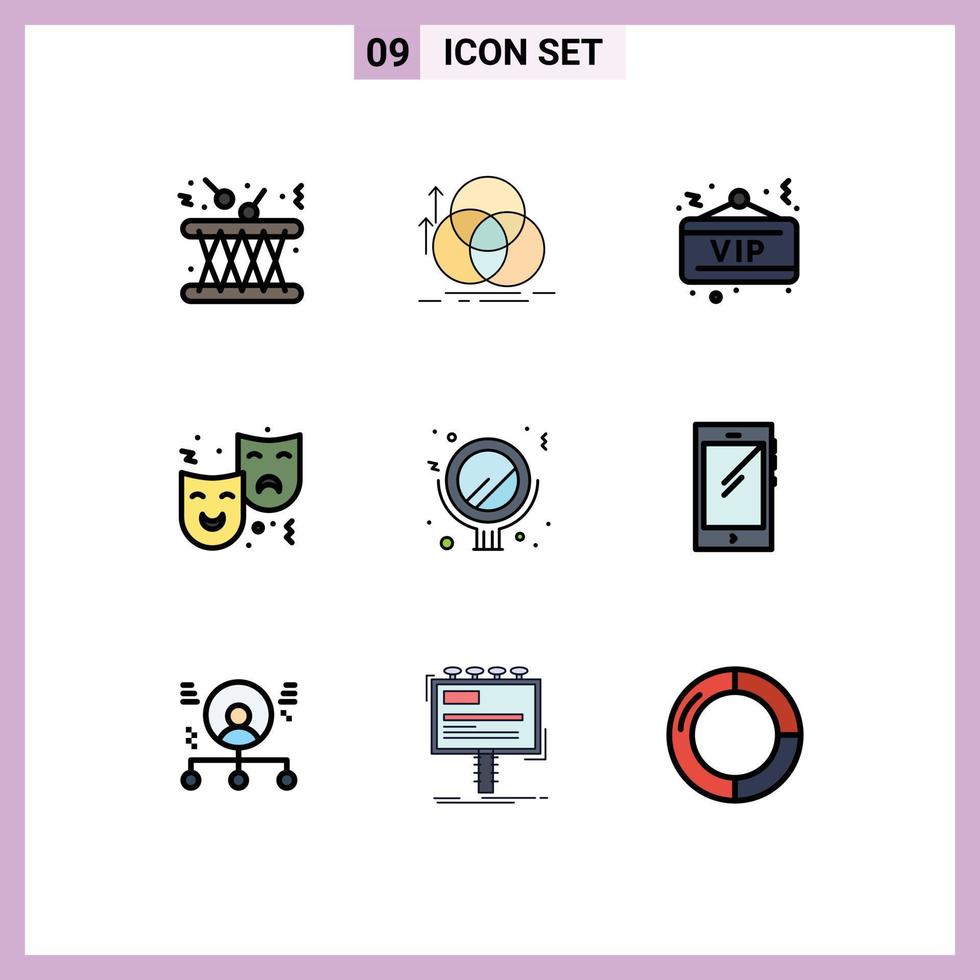 Pack of 9 creative Filledline Flat Colors of circus face measurement mask night Editable Vector Design Elements