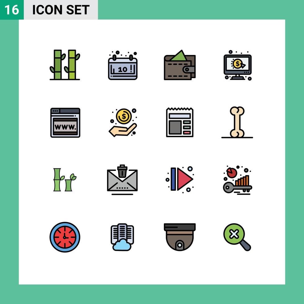 16 Universal Flat Color Filled Line Signs Symbols of webpage seo cash ppc pay Editable Creative Vector Design Elements