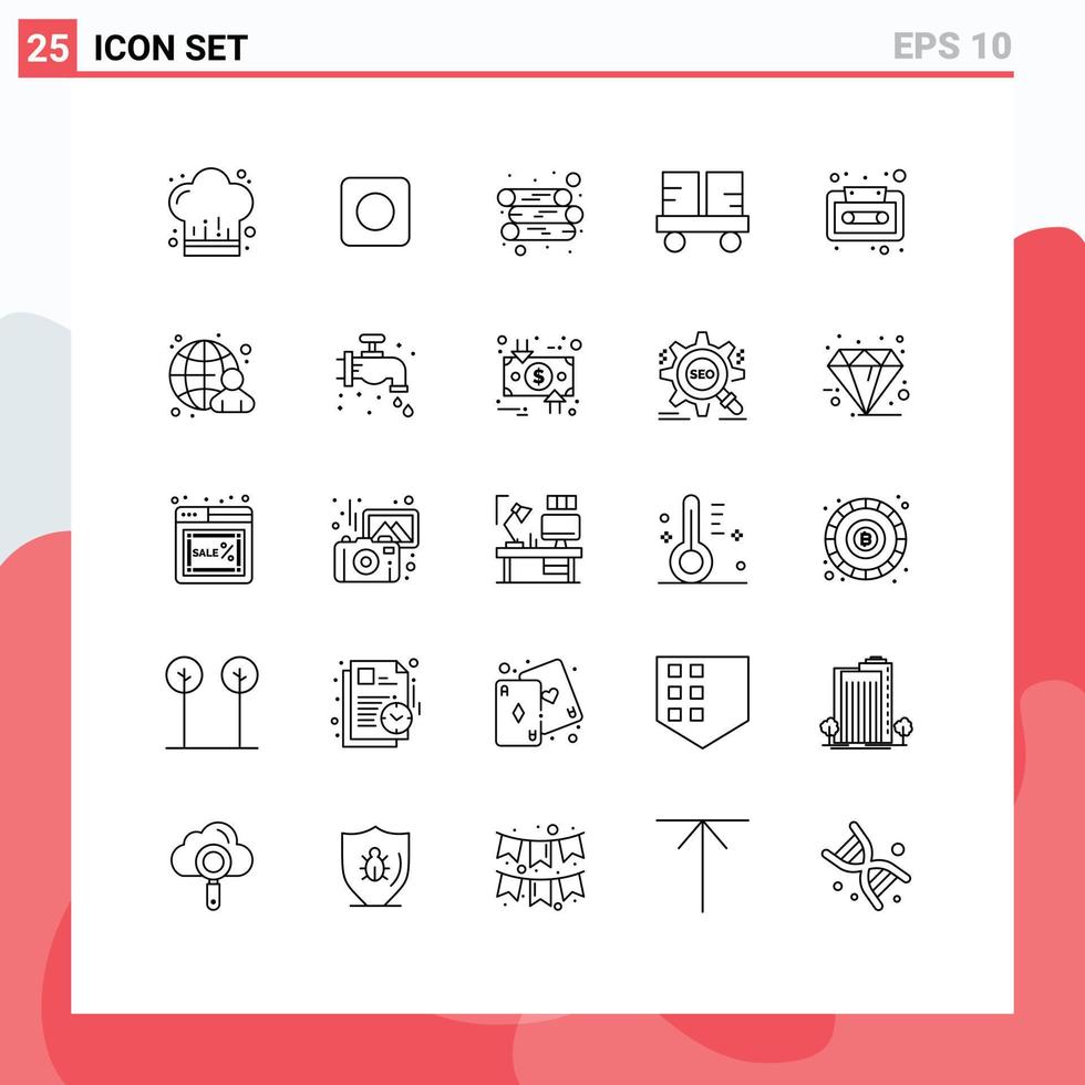 Pictogram Set of 25 Simple Lines of cassette audio log lift truck forklift Editable Vector Design Elements