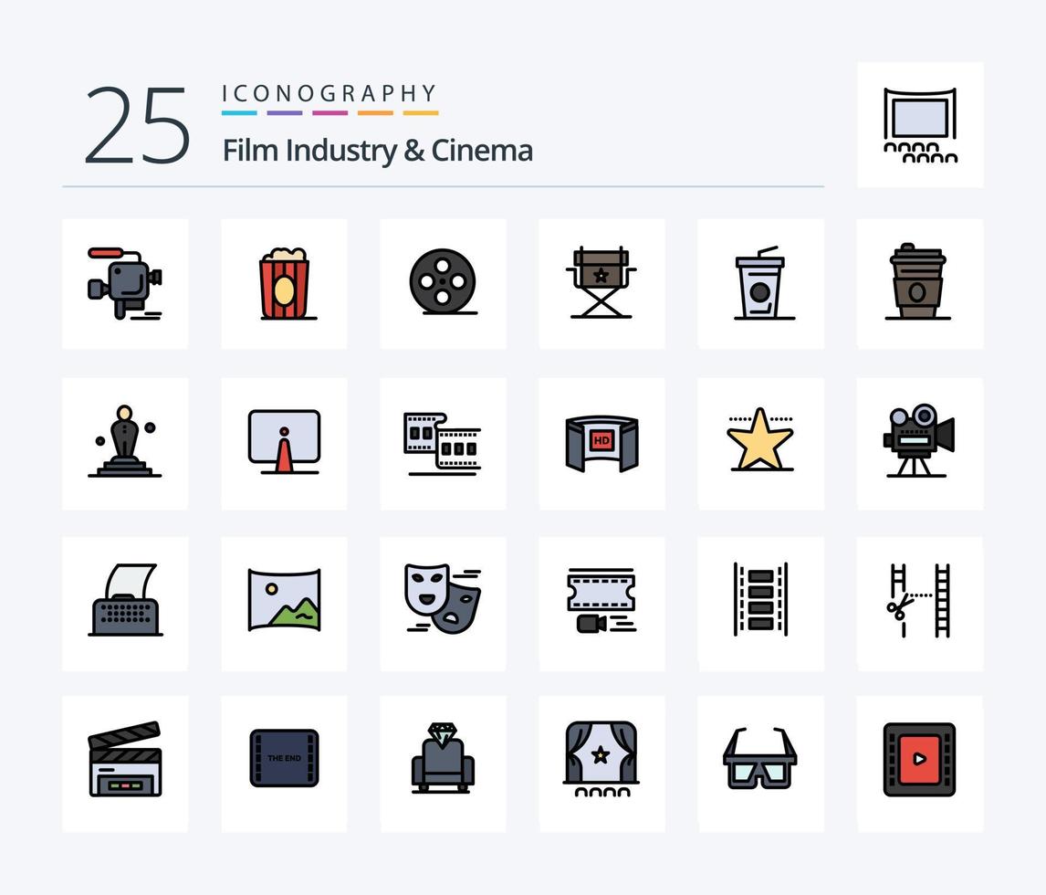 Cenima 25 Line Filled icon pack including drink. beverage. cinema. director. chair vector