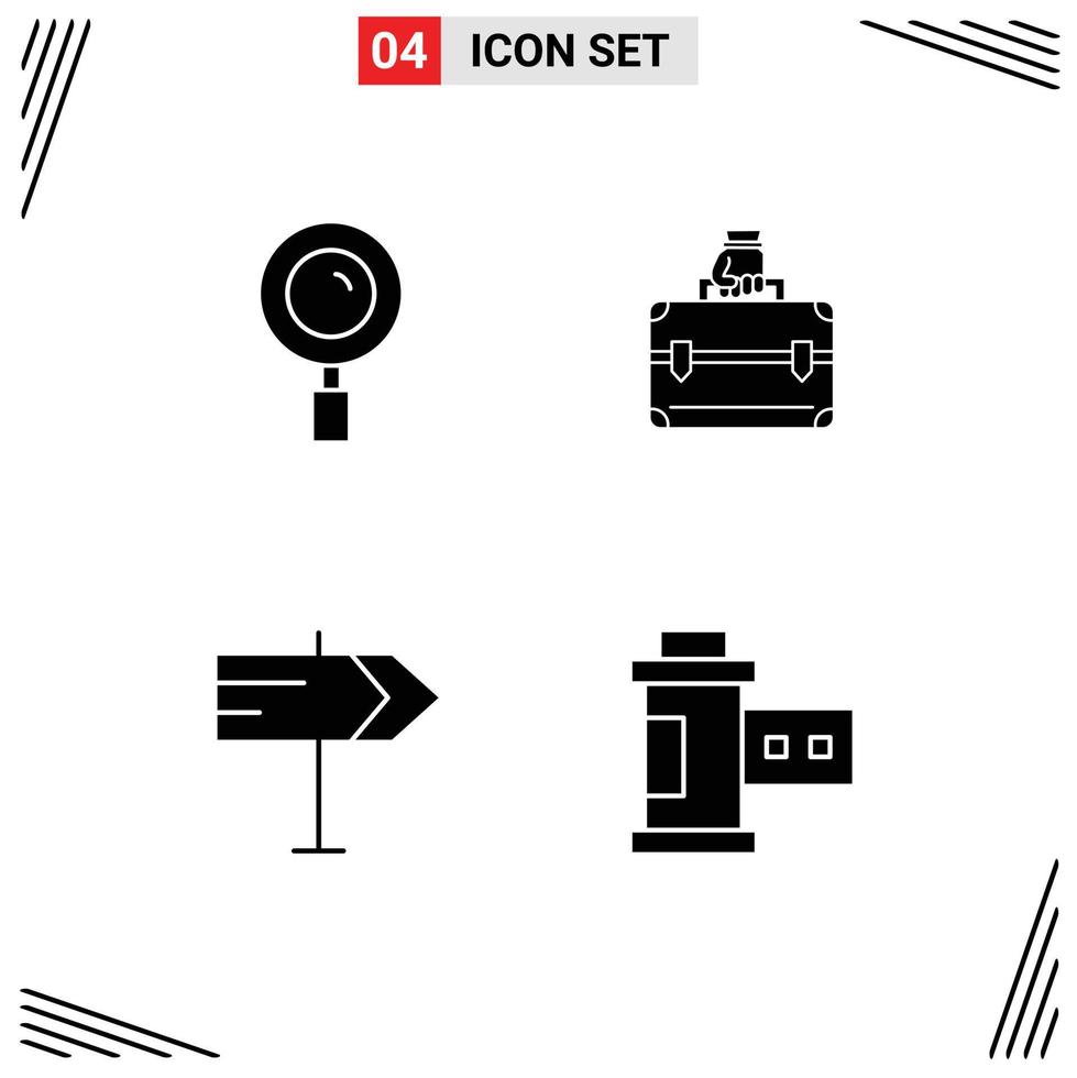 Set of 4 Commercial Solid Glyphs pack for find map search case camera Editable Vector Design Elements