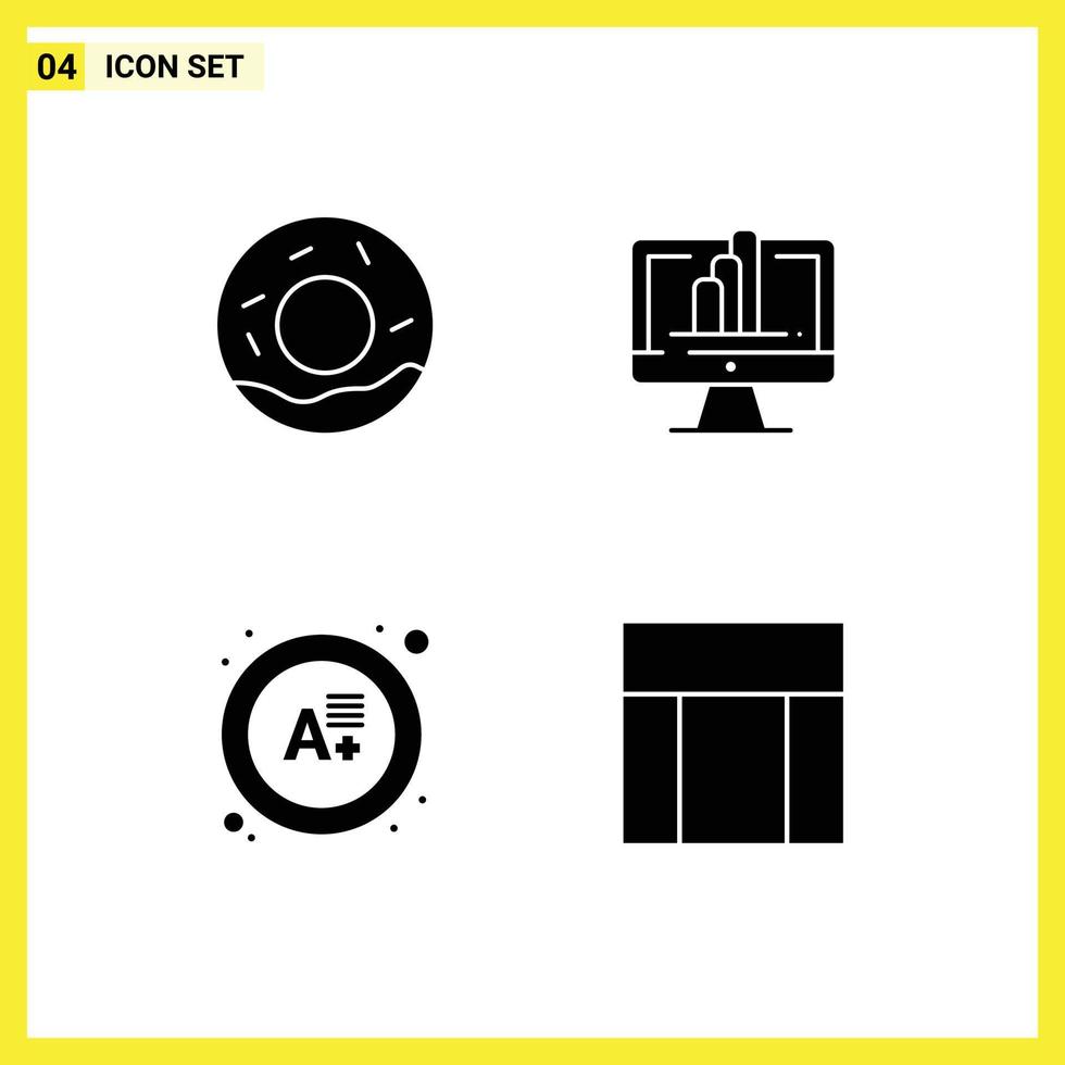 Pack of 4 Modern Solid Glyphs Signs and Symbols for Web Print Media such as bread result computer graph webpage Editable Vector Design Elements
