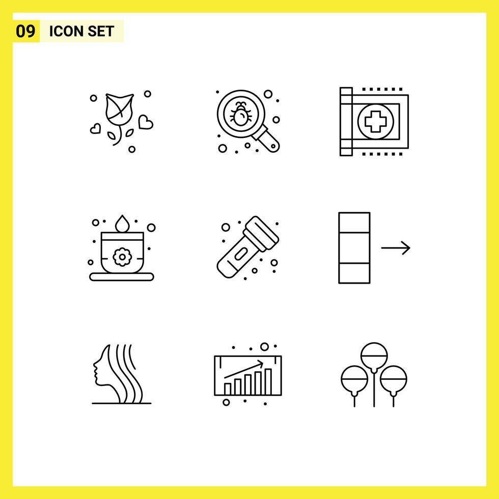 Set of 9 Vector Outlines on Grid for camping sauna security candle health Editable Vector Design Elements