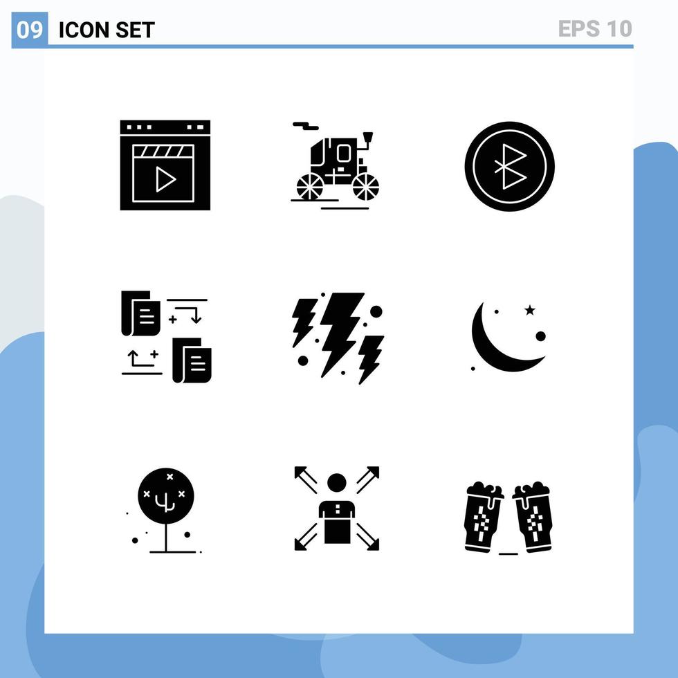 User Interface Pack of 9 Basic Solid Glyphs of weather energy bluetooth bolt transfer Editable Vector Design Elements