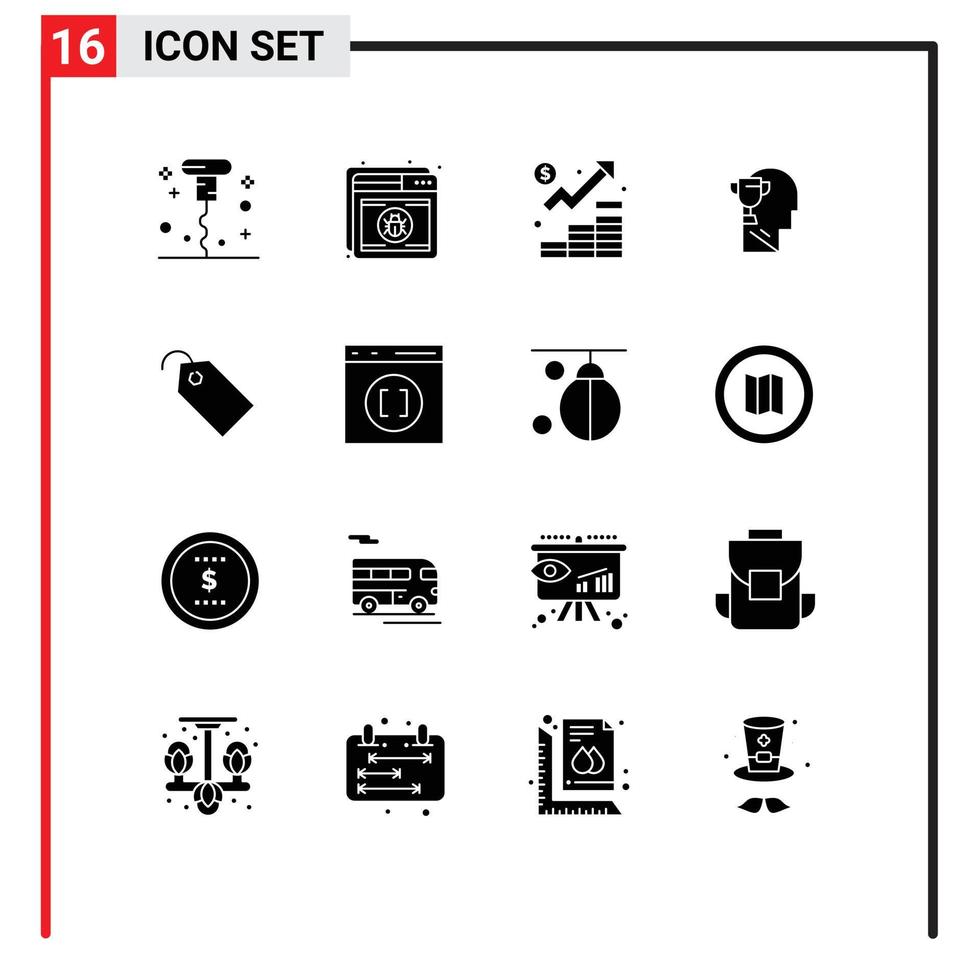 Pack of 16 Modern Solid Glyphs Signs and Symbols for Web Print Media such as head brian web mind management Editable Vector Design Elements