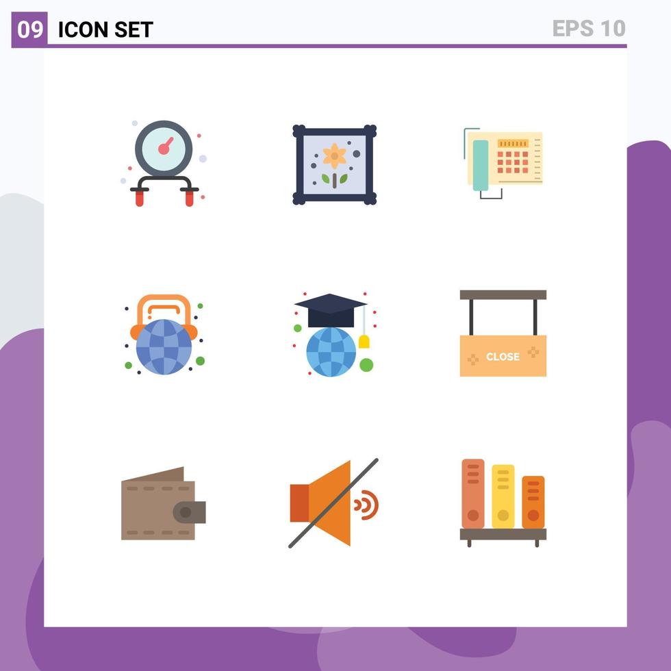 Set of 9 Modern UI Icons Symbols Signs for globe education number headphone learning Editable Vector Design Elements
