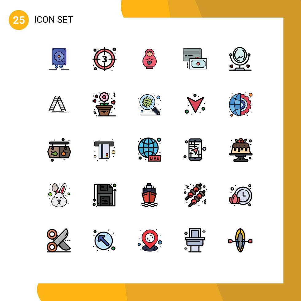 Modern Set of 25 Filled line Flat Colors and symbols such as mirror payment video credit heart Editable Vector Design Elements