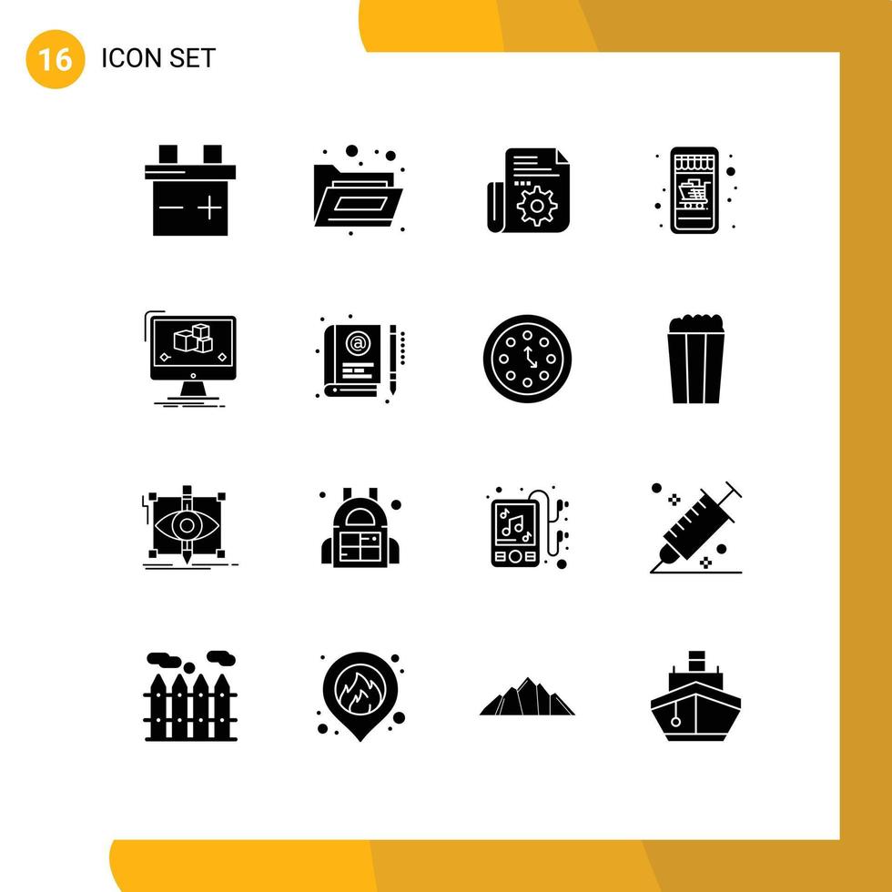 Group of 16 Solid Glyphs Signs and Symbols for book monitor tools editor animation Editable Vector Design Elements