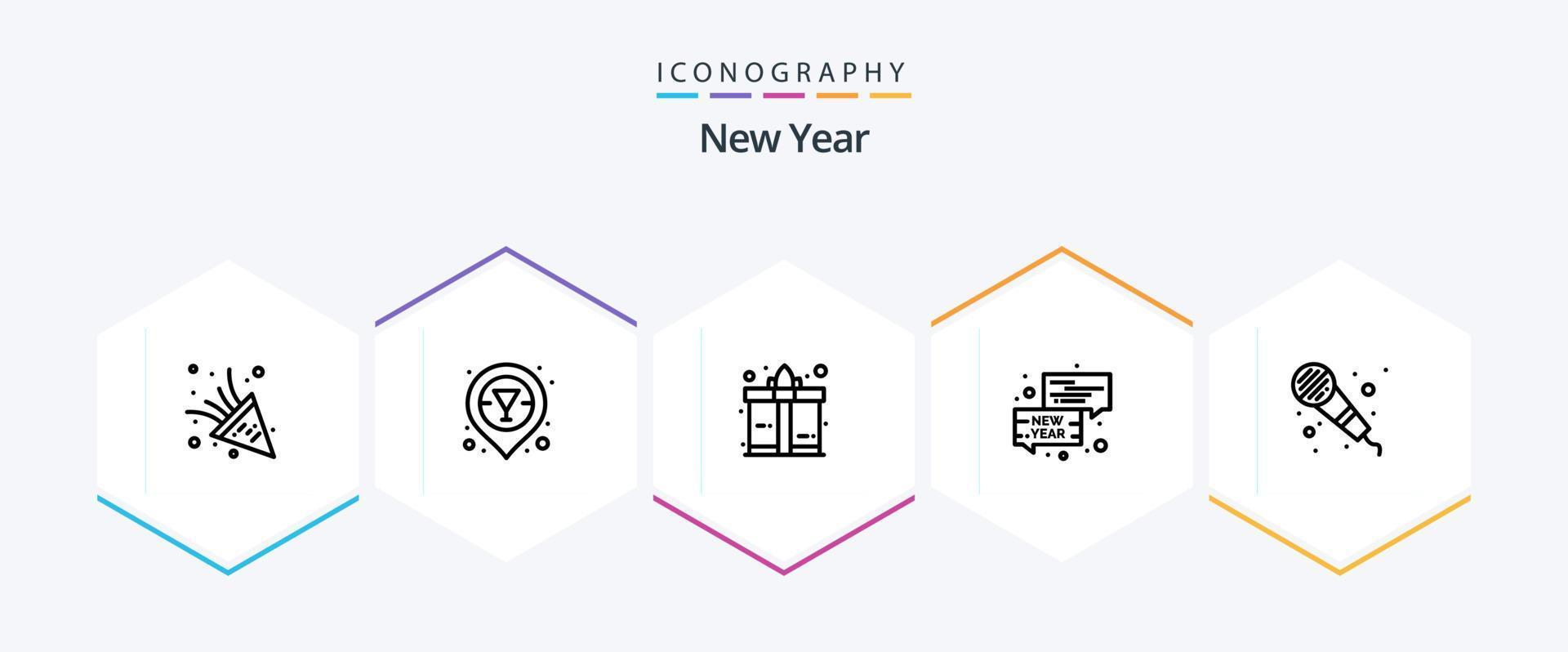 paquete de iconos de 25 líneas de año nuevo que incluye. micrófono. regalo. micrófono Año nuevo vector