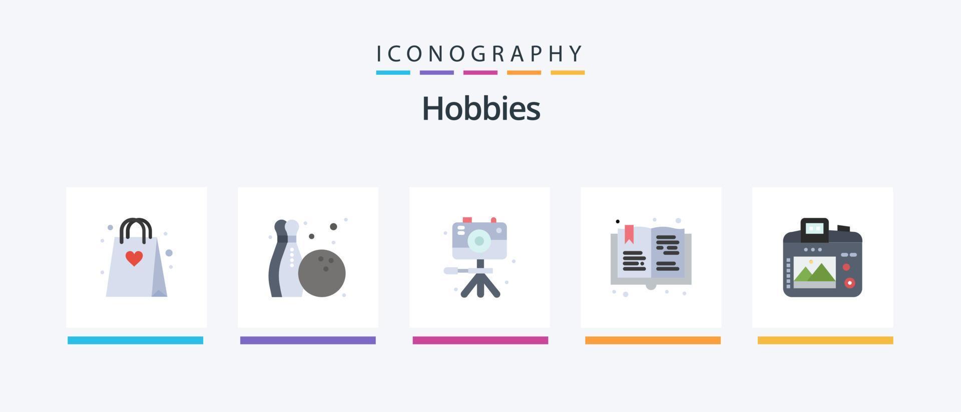 hobbies flat 5 icon pack incluyendo hobbies. cámara. imagen. pasatiempo. leer. diseño de iconos creativos vector