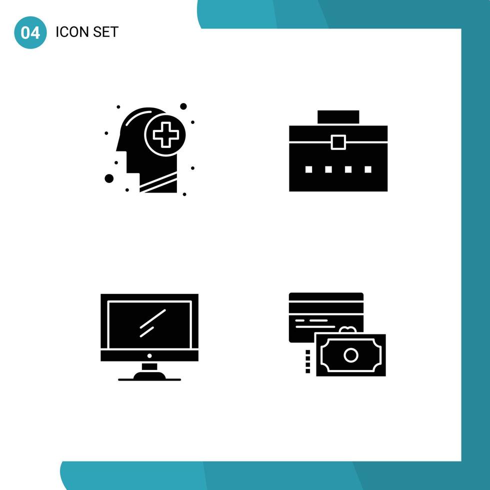 Modern Set of 4 Solid Glyphs and symbols such as head computer mind worker bag device Editable Vector Design Elements