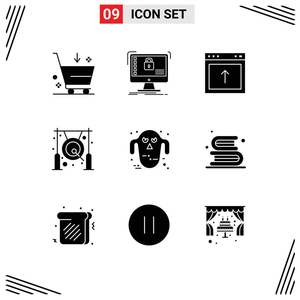 Mobile Interface Solid Glyph Set of 9 Pictograms of metal chinese data bell website Editable Vector Design Elements