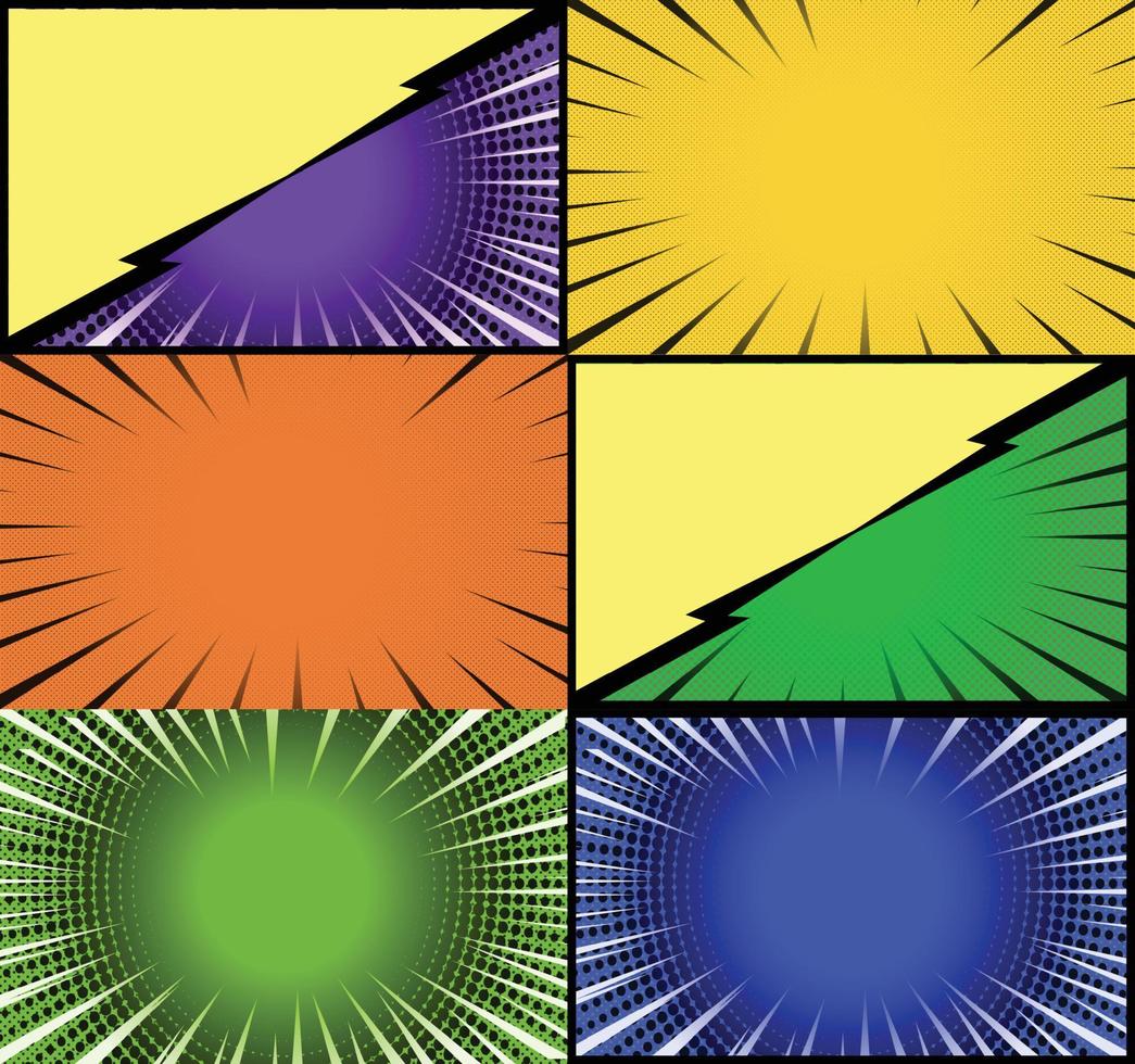 Comic book colorful frames background with halftone rays radial and dotted effects pop art style vector