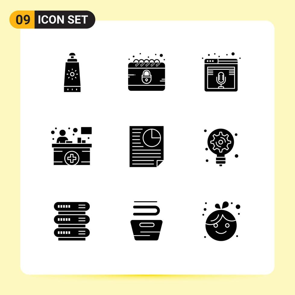 9 Thematic Vector Solid Glyphs and Editable Symbols of document information counter microphone hospital reception counter Editable Vector Design Elements
