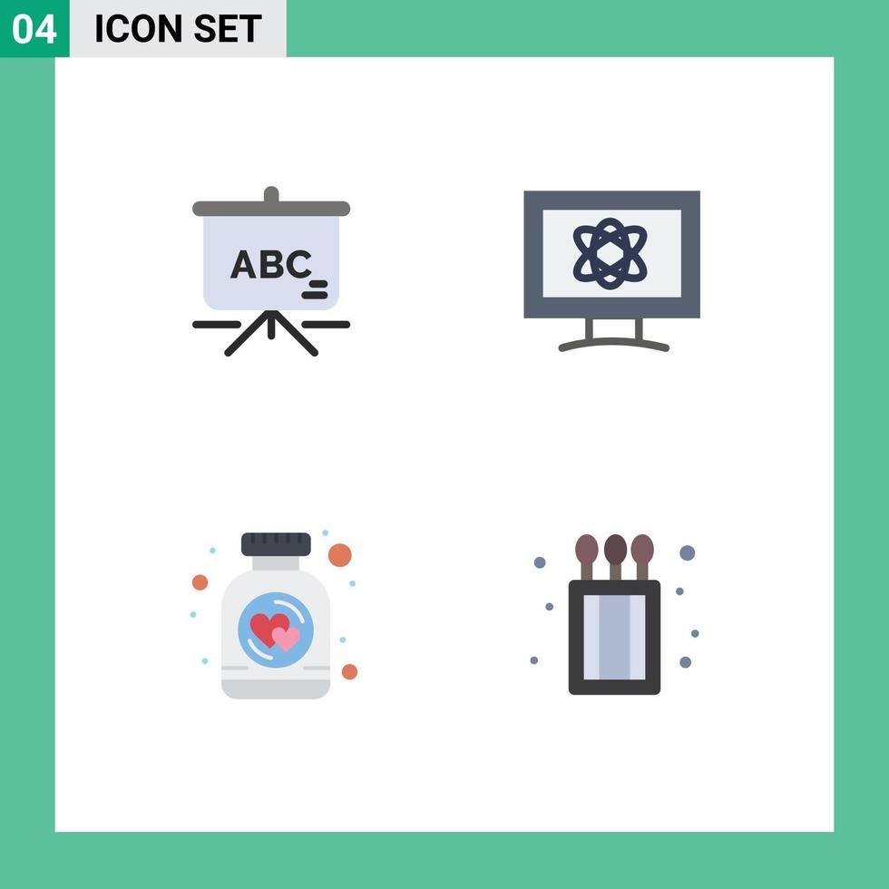 conjunto moderno de 4 iconos y símbolos planos, como el espacio del átomo del corazón de la bolsa, elementos de diseño vectorial editables para acampar vector
