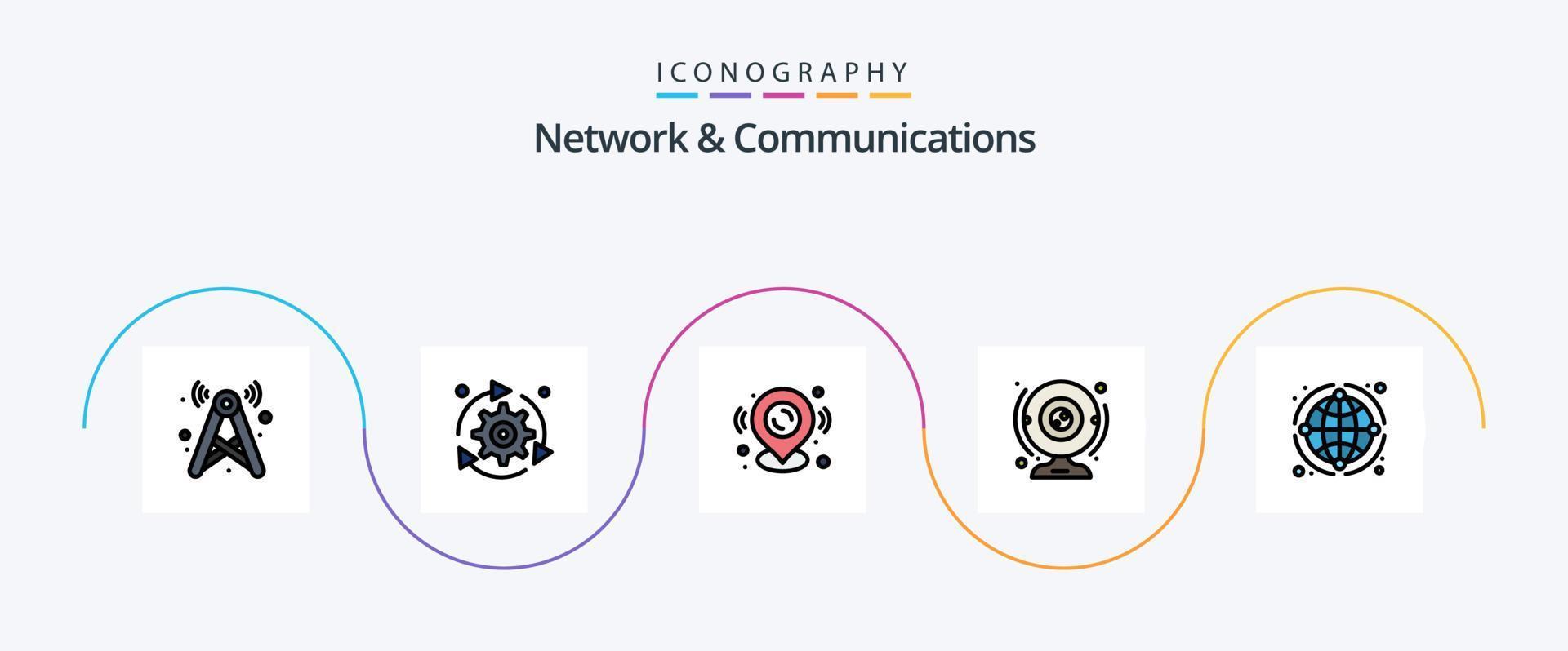 Network And Communications Line Filled Flat 5 Icon Pack Including computer. camera. gear. cam. location vector