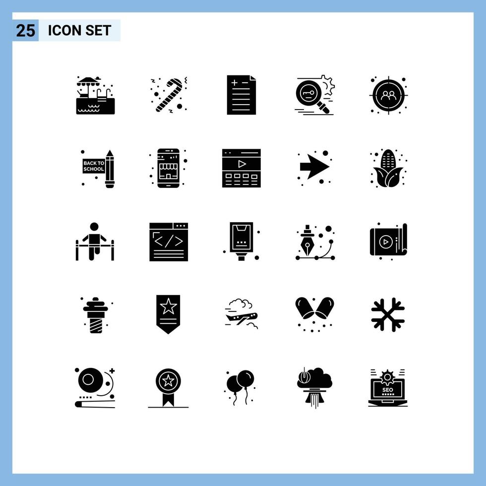 Solid Glyph Pack of 25 Universal Symbols of user target test man secure Editable Vector Design Elements