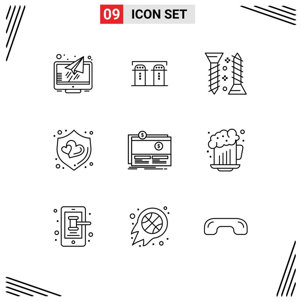 9 Universal Outlines Set for Web and Mobile Applications fundraising crowdfunding construction shield love Editable Vector Design Elements
