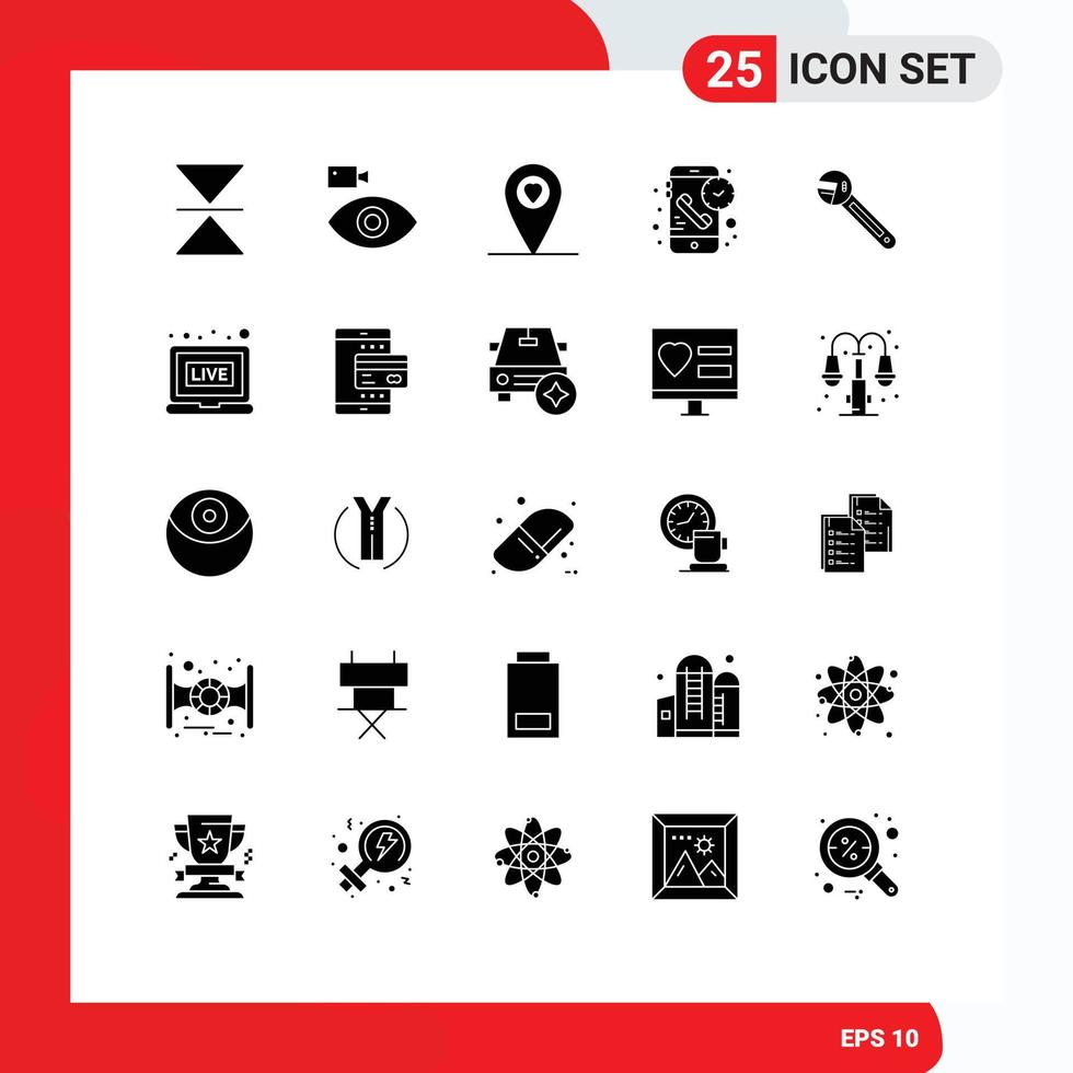 25 User Interface Solid Glyph Pack of modern Signs and Symbols of tool wrench location time phone Editable Vector Design Elements