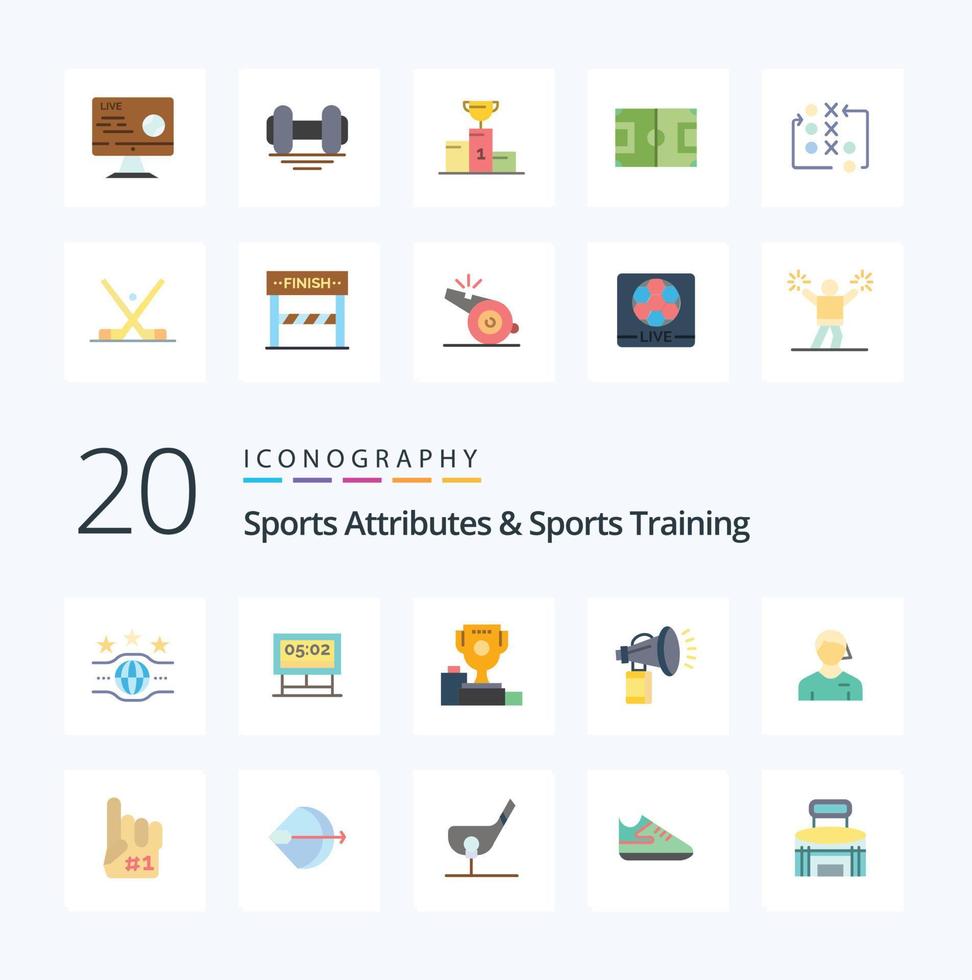 20 Sports Atributes And Sports Training Flat Color icon Pack like bowl gym football fitness stream vector