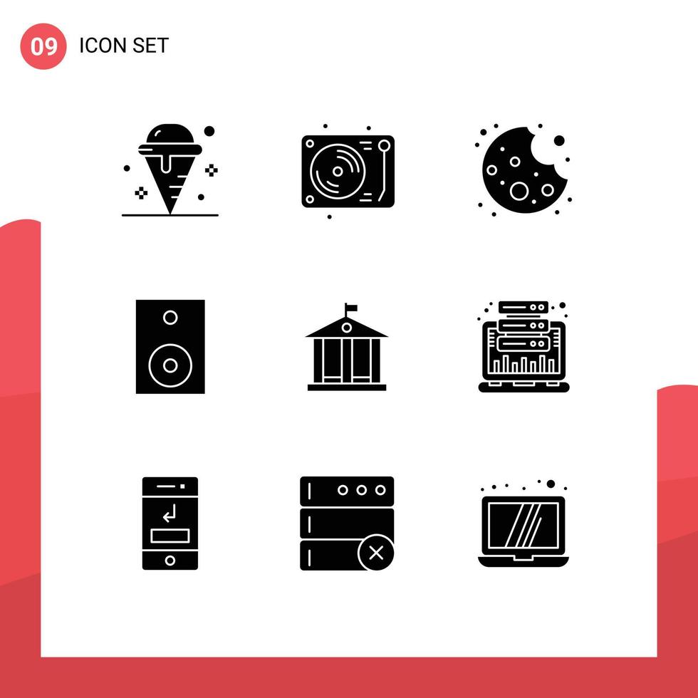 9 Universal Solid Glyphs Set for Web and Mobile Applications bank speaker party products devices Editable Vector Design Elements