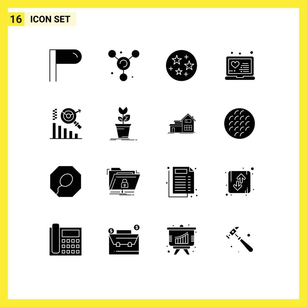 Modern Set of 16 Solid Glyphs and symbols such as mario adventure laptop search business Editable Vector Design Elements