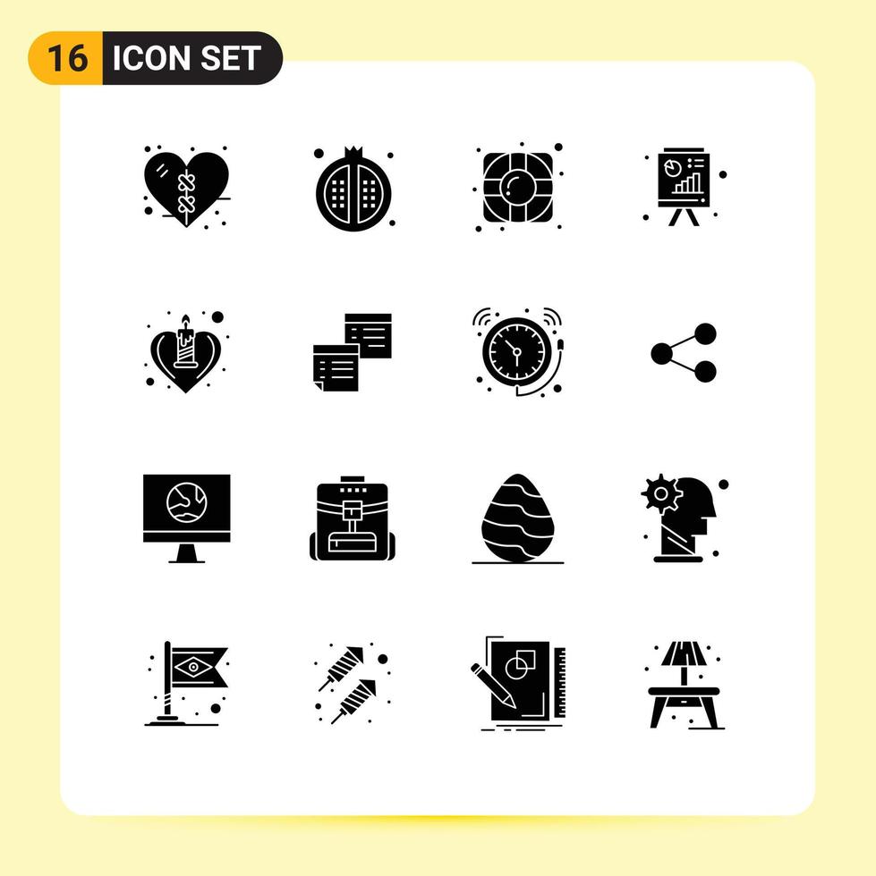 Pack of 16 creative Solid Glyphs of heart business report pomegranate powerpoint analytics Editable Vector Design Elements