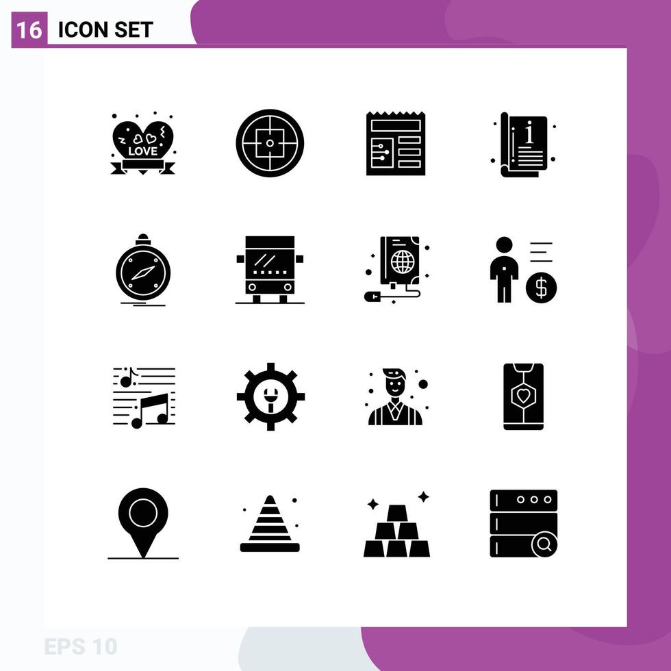 Editable Vector Line Pack of 16 Simple Solid Glyphs of direction template target cover catalog Editable Vector Design Elements