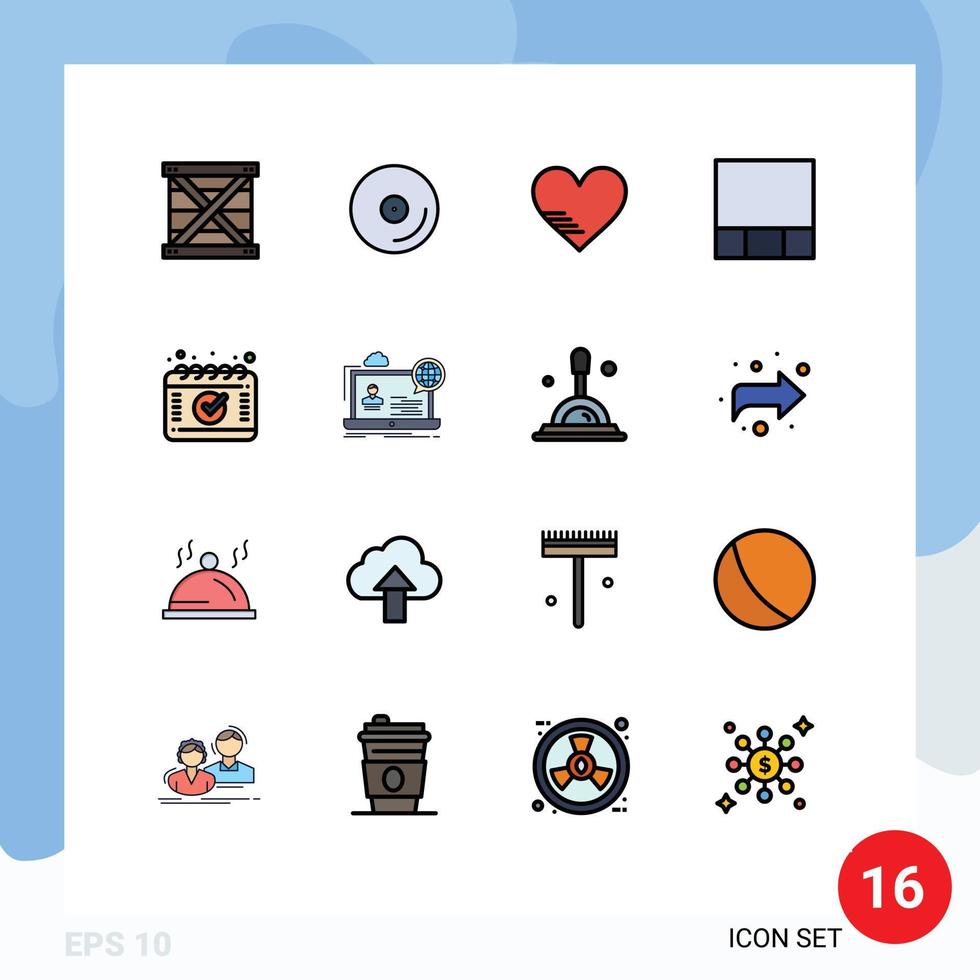 Mobile Interface Flat Color Filled Line Set of 16 Pictograms of schedule appointment video layout favorite Editable Creative Vector Design Elements