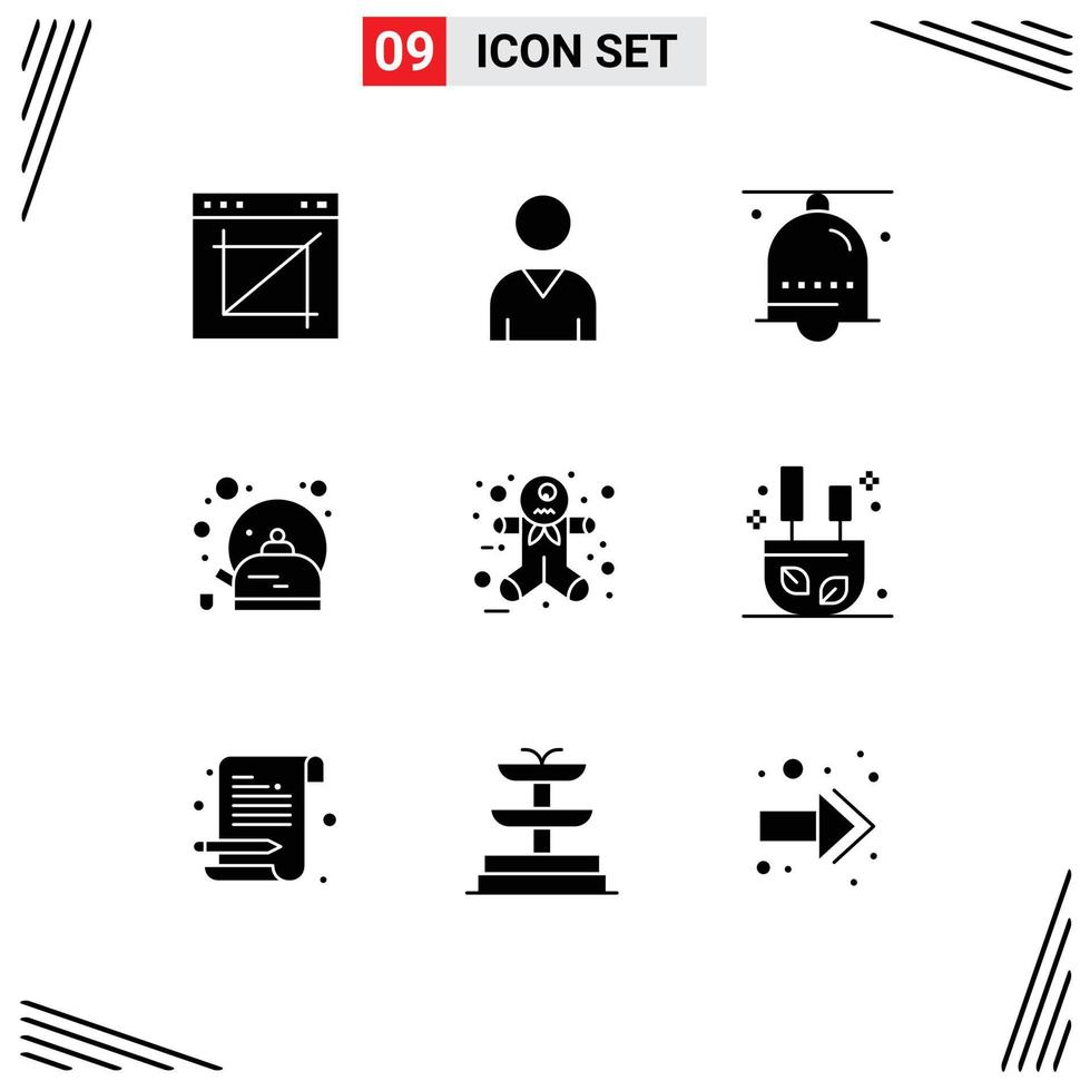 Mobile Interface Solid Glyph Set of 9 Pictograms of ginger tea alarm pot ring Editable Vector Design Elements