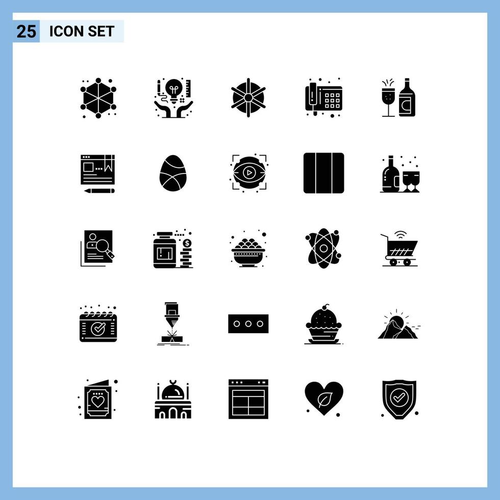 25 Universal Solid Glyphs Set for Web and Mobile Applications bottle telephone document phone wheel Editable Vector Design Elements