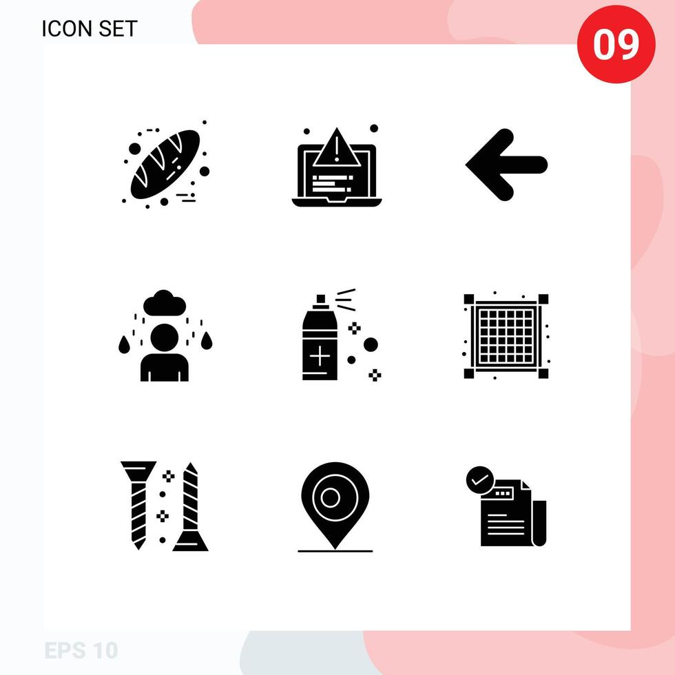 User Interface Pack of 9 Basic Solid Glyphs of spray bottle arrow rainy man Editable Vector Design Elements
