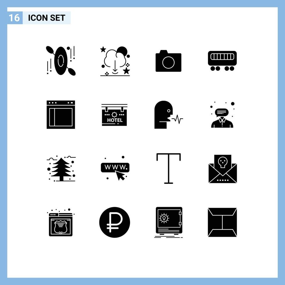 16 Universal Solid Glyph Signs Symbols of layout divide camera train passenger Editable Vector Design Elements