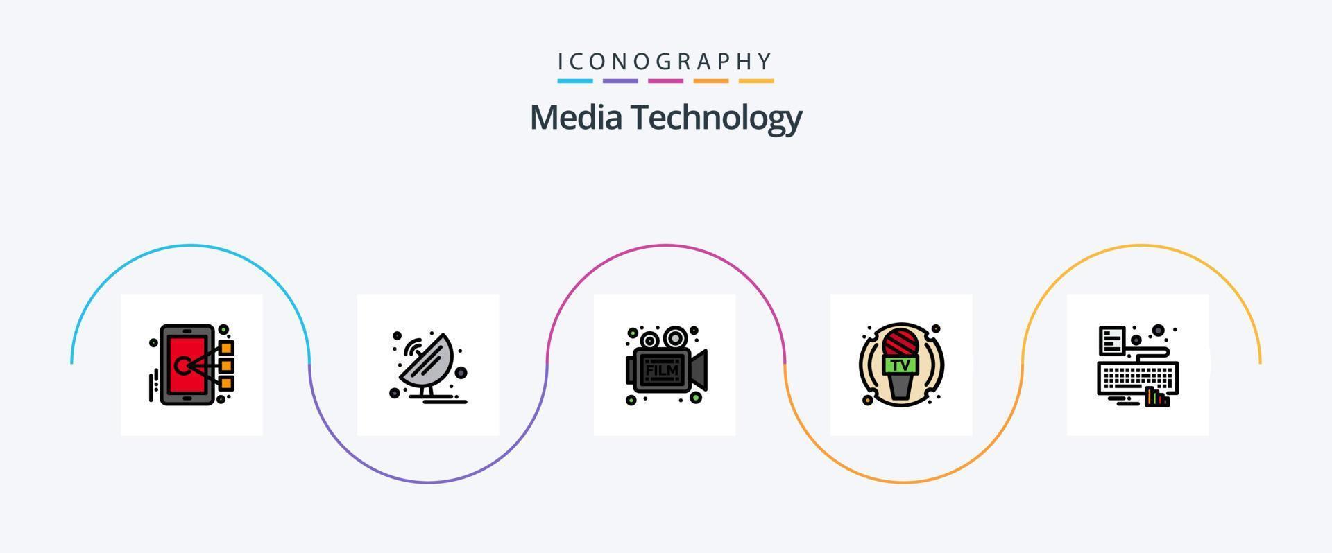 la línea de tecnología de medios llenó el paquete de iconos planos 5 que incluye noticias. el periodista. ciencia. dispositivo. retro vector