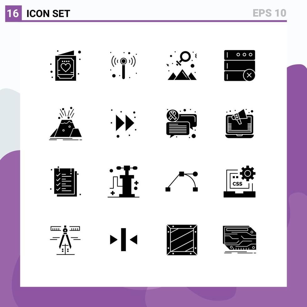 Set of 16 Modern UI Icons Symbols Signs for volcano disaster achievement serve database Editable Vector Design Elements