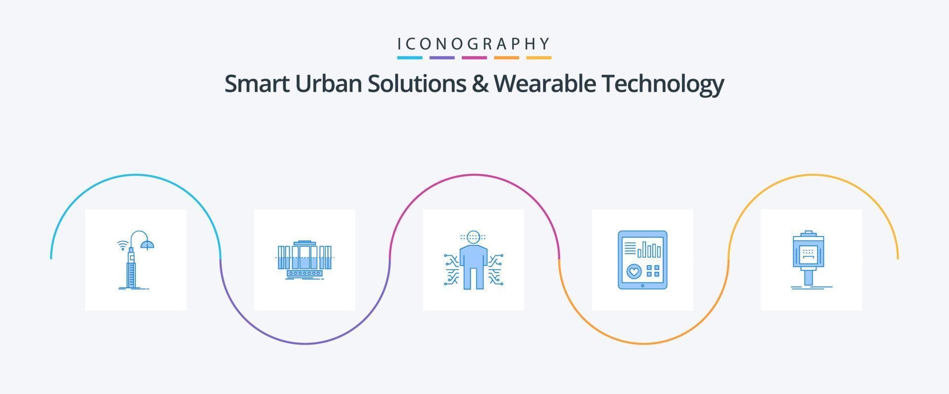 soluciones urbanas inteligentes y paquete de iconos azul 5 de tecnología portátil que incluye el corazón. supervisión. viento. ciencia. datos vector