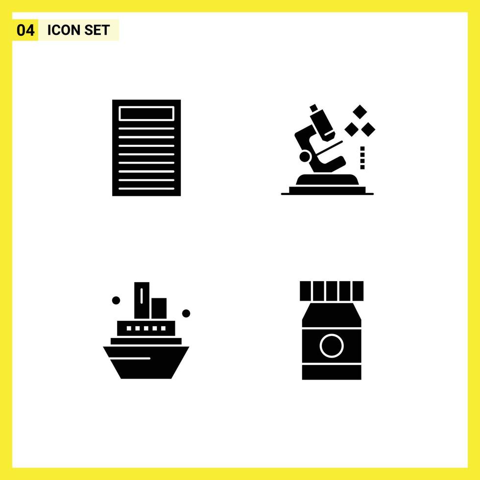4 Universal Solid Glyph Signs Symbols of book travel microscope medical bottle Editable Vector Design Elements