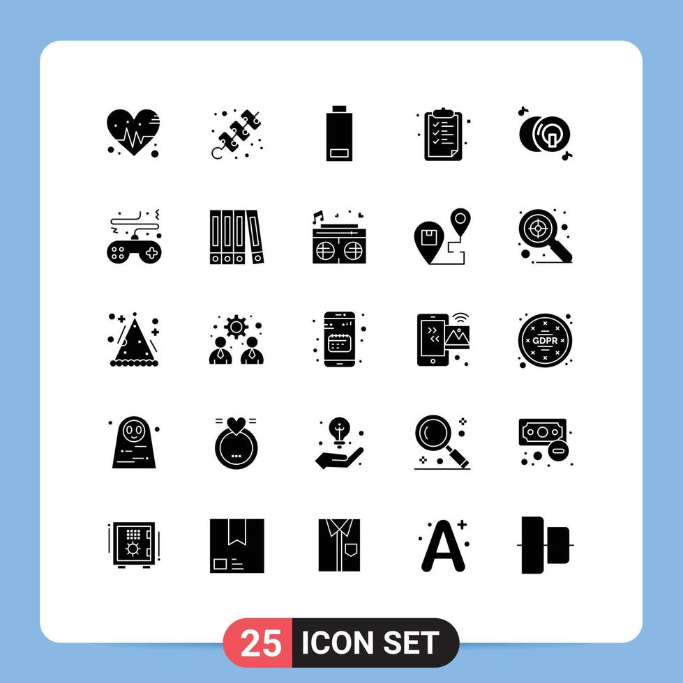 Group of 25 Solid Glyphs Signs and Symbols for multimedia dvd multimedia cd school Editable Vector Design Elements