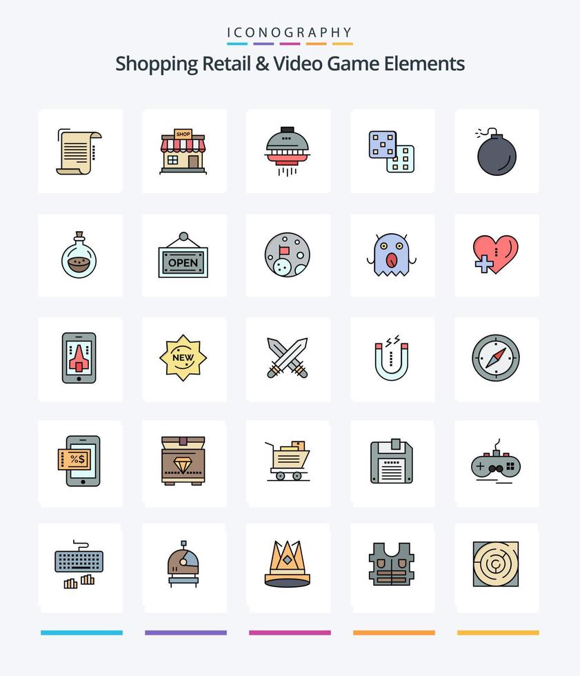 Compras creativas, venta al por menor y elementos de videojuegos, paquete de iconos rellenos de 25 líneas, como una bomba. juego de azar. Tienda. dado. astronave vector