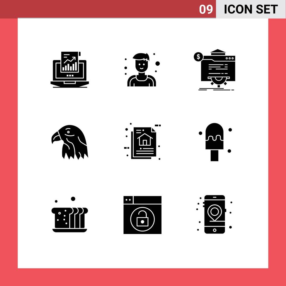 User Interface Pack of 9 Basic Solid Glyphs of architecture eagle seo bird website Editable Vector Design Elements